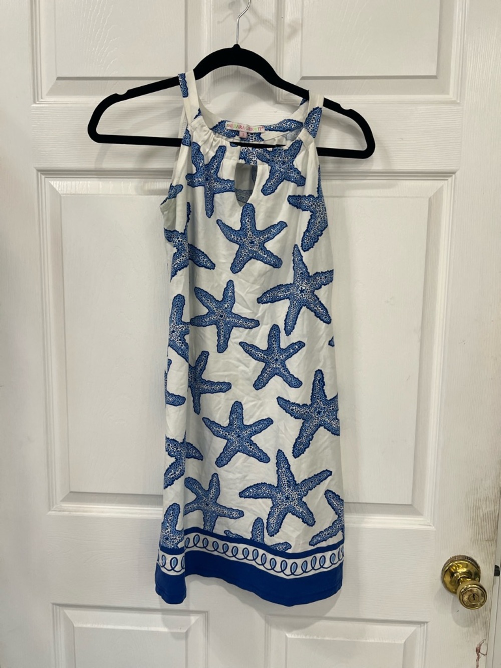 Sleeveless White Mini Dress with Blue Starfish Print